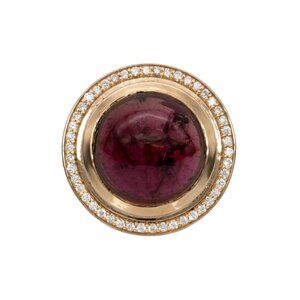 10.6Ct Cabochon Rubellite Tourmaline & Diamond Halo Ring in Solid 14K Gold